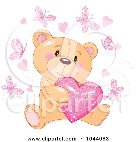 Royalty-Free (RF) Clip Art Illustration of a Teddy Bear Hugging A Pink Heart, Surrounded By Butterflies by Pushkin