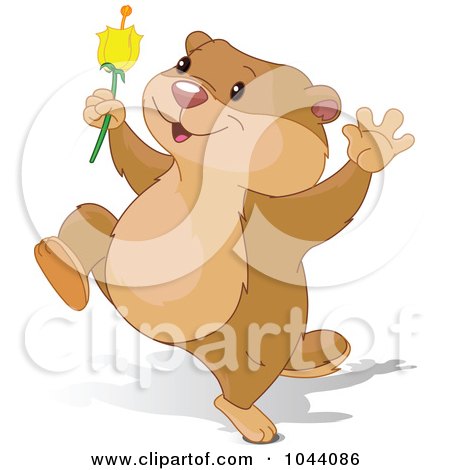Royalty-Free (RF) Clip Art Illustration of a Cute Groundhog Running With A Flower by Pushkin