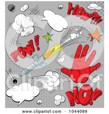 Royalty-Free (RF) Clip Art Illustration of a Digital Collage Of Comic Icons And Sounds On Gray by Pushkin