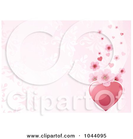 Royalty-Free (RF) Clip Art Illustration of a Pink Heart And Cherry Blossom Border Over A Pink Floral Background by Pushkin