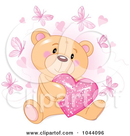 Royalty-Free (RF) Clip Art Illustration of a Teddy Bear Holding A Pink Heart, Surrounded By Butterflies by Pushkin