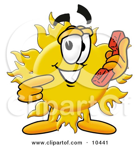 Clipart Picture of a Sun Mascot Cartoon Character Holding a Telephone by Mascot Junction