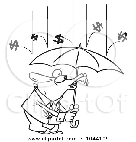 Royalty-Free (RF) Clip Art Illustration of a Cartoon Black And White Outline Design Of Money Raining Down On A Businessman by toonaday