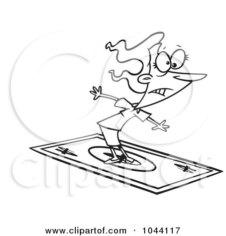 Royalty-Free (RF) Clip Art Illustration of a Cartoon Black And White Outline Design Of A Rich Businesswoman Surfing On A Dollar Bill by toonaday