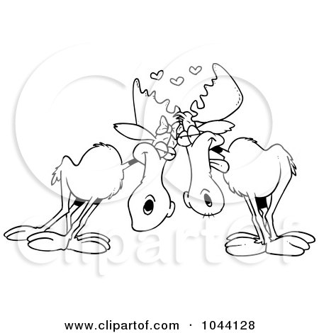 Royalty-Free (RF) Clip Art Illustration of a Cartoon Black And White Outline Design Of A Moose Pair In Love by toonaday