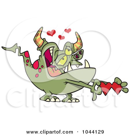 Royalty-Free (RF) Clip Art Illustration of a Cartoon Romantic Monster Holding Paper Hearts by toonaday