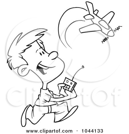 Royalty-Free (RF) Clip Art Illustration of a Cartoon Black And White Outline Design Of A Boy Playing With A Remote Control Airplane by toonaday