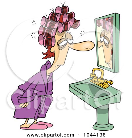 Royalty-Free (RF) Clip Art Illustration of a Cartoon Sleepy Woman With Curlers, Staring At Herself In A Mirror by toonaday