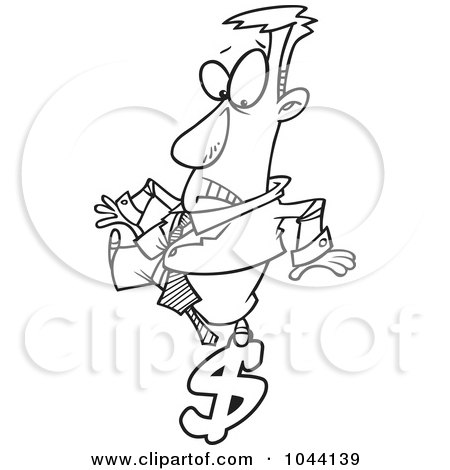 Royalty-Free (RF) Clip Art Illustration of a Cartoon Black And White Outline Design Of A Businessman Balancing On A Dollar Symbol by toonaday
