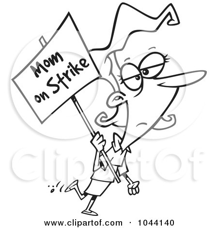 Royalty-Free (RF) Clip Art Illustration of a Cartoon Black And White Outline Design Of A Mom On Strike by toonaday
