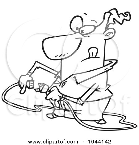 Royalty-Free (RF) Clip Art Illustration of a Cartoon Black And White Outline Design Of A Man Trying To Plug In A Cable by toonaday