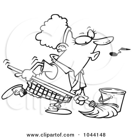 Royalty-Free (RF) Clip Art Illustration of a Cartoon Black And White Outline Design Of A Woman Whistling While Mopping by toonaday