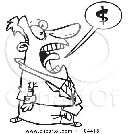 Royalty-Free (RF) Clip Art Illustration of a Cartoon Black And White Outline Design Of A Businessman Shouting About Money by toonaday