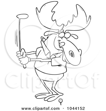 Royalty-Free (RF) Clip Art Illustration of a Cartoon Black And White Outline Design Of A Golfing Moose by toonaday