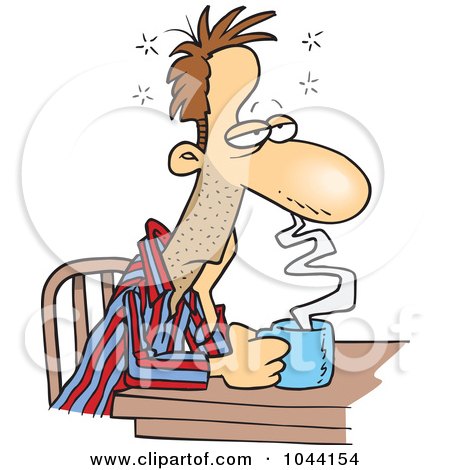 Royalty-Free (RF) Clip Art Illustration of a Cartoon Sleepy Man Sitting With Coffee by toonaday