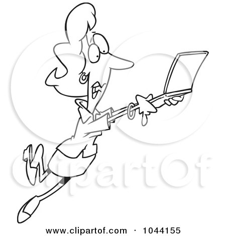 Royalty-Free (RF) Clip Art Illustration of a Cartoon Black And White Outline Design Of A Mobile Businesswoman Taking Off With Her Laptop by toonaday