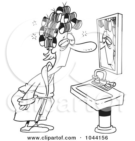 Royalty-Free (RF) Clip Art Illustration of a Cartoon Black And White Outline Design Of A Sleepy Woman With Curlers, Staring At Herself In A Mirror by toonaday