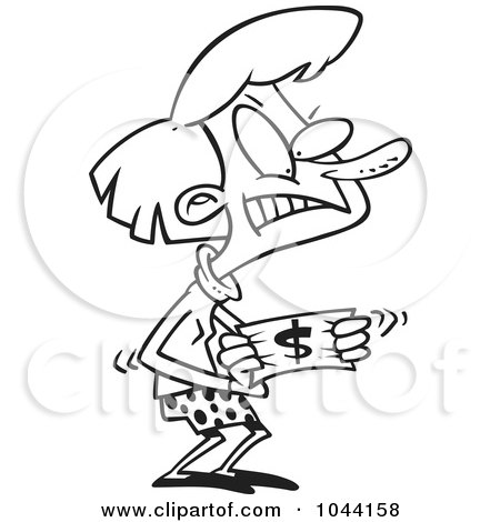 Royalty-Free (RF) Clip Art Illustration of a Cartoon Black And White Outline Design Of A Woman Stretching A Dollar by toonaday