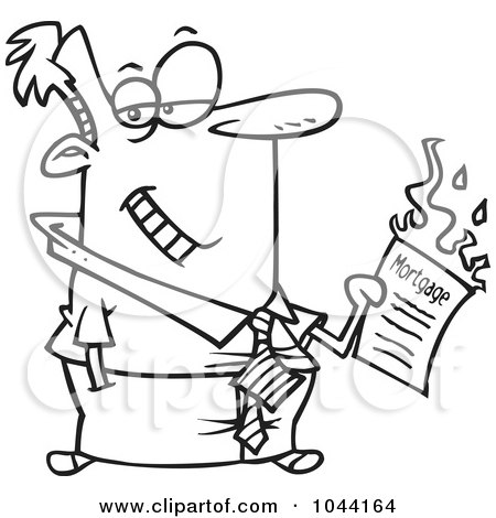 Royalty-Free (RF) Clip Art Illustration of a Cartoon Black And White Outline Design Of A Businessman Burning Up His Mortgage by toonaday