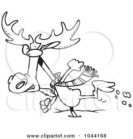 Royalty-Free (RF) Clip Art Illustration of a Cartoon Black And White Outline Design Of A Moose Running In The Snow by toonaday