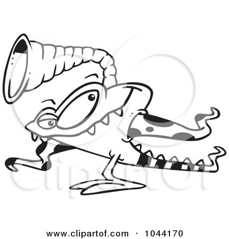 Royalty-Free (RF) Clip Art Illustration of a Cartoon Black And White Outline Design Of A Monster With Tentacles And A Horn by toonaday