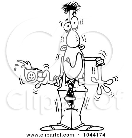 Royalty-Free (RF) Clip Art Illustration of a Cartoon Black And White Outline Design Of A Jittery Businessman Holding Coffee by toonaday