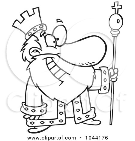 Royalty-Free (RF) Clip Art Illustration of a Cartoon Black And White Outline Design Of A Friendly King by toonaday