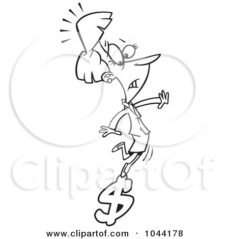 Royalty-Free (RF) Clip Art Illustration of a Cartoon Black And White Outline Design Of A Businesswoman Balancing On A Dollar Symbol by toonaday