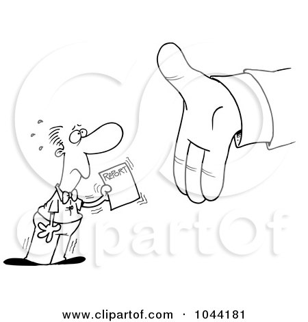 Royalty-Free (RF) Clip Art Illustration of a Cartoon Black And White Outline Design Of An Employee Handing A Report To A Big Hand by toonaday