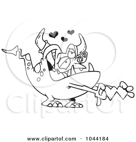 Royalty-Free (RF) Clip Art Illustration of a Cartoon Black And White Outline Design Of A Romantic Monster Holding Paper Hearts by toonaday