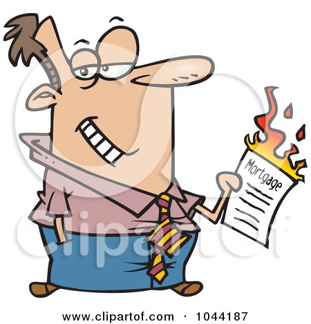 Royalty-Free (RF) Clip Art Illustration of a Cartoon Businessman Burning Up His Mortgage by toonaday