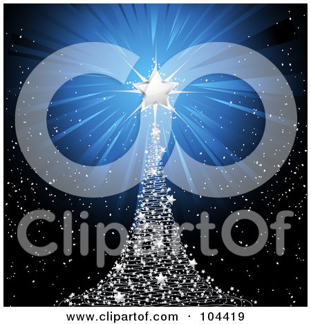Royalty-Free (RF) Clipart Illustration of a Silver Star Shining Atop A Starry Christmas Tree Over Black by elaineitalia