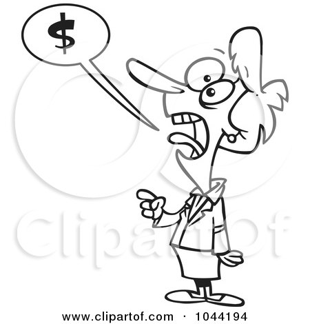 Royalty-Free (RF) Clip Art Illustration of a Cartoon Black And White Outline Design Of A Businesswoman Shouting About Money by toonaday