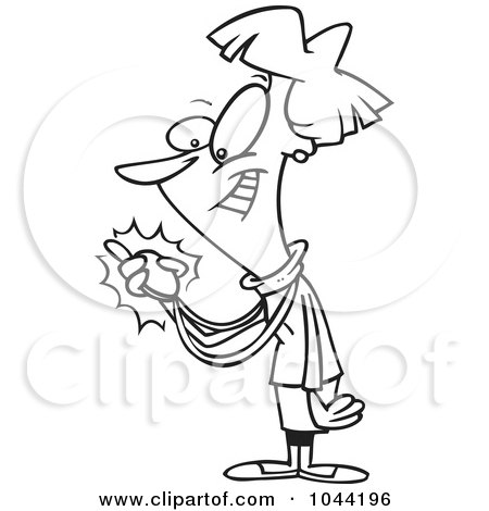 Royalty-Free (RF) Clip Art Illustration of a Cartoon Black And White Outline Design Of A Proud Woman Admiring Her Medal by toonaday