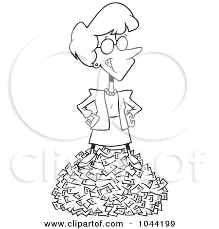 Royalty-Free (RF) Clip Art Illustration of a Cartoon Black And White Outline Design Of A Rich Businesswoman Standing On Cash by toonaday