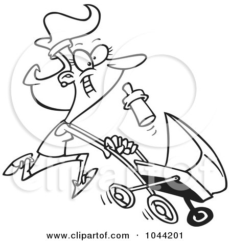 Royalty-Free (RF) Clip Art Illustration of a Cartoon Black And White Outline Design Of A Mother Running With A Pram by toonaday