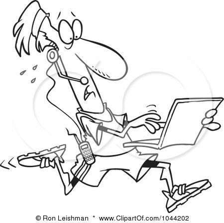 Royalty-Free (RF) Clip Art Illustration of a Cartoon Black And White Outline Design Of A Mobile Jogger Using A Laptop by toonaday