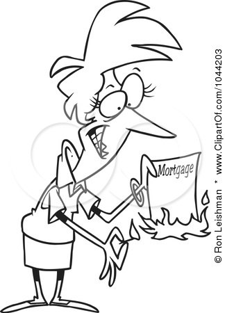 Royalty-Free (RF) Clip Art Illustration of a Cartoon Black And White Outline Design Of A Woman Burning Her Mortgage by toonaday
