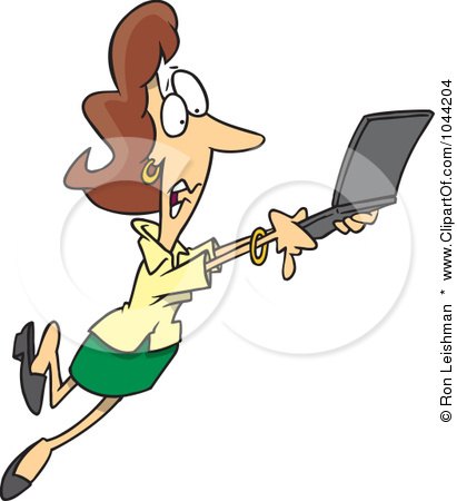 Royalty-Free (RF) Clip Art Illustration of a Cartoon Mobile Businesswoman Taking Off With Her Laptop by toonaday