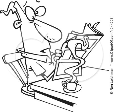 Royalty-Free (RF) Clip Art Illustration of a Cartoon Black And White Outline Design Of A Man Reading The News Over His Morning Coffee by toonaday