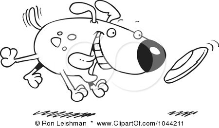 Royalty-Free (RF) Clip Art Illustration of a Cartoon Black And White Outline Design Of A Dog Fetching A Disc by toonaday
