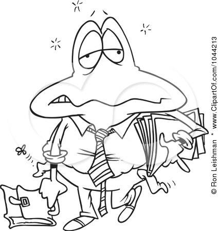 Royalty-Free (RF) Clip Art Illustration of a Cartoon Black And White Outline Design Of A Tired Frog Businessman by toonaday