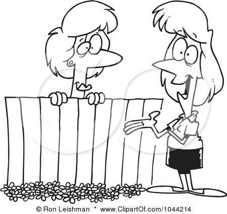 Royalty-Free (RF) Clip Art Illustration of a Cartoon Black And White Outline Design Of Lady Neighbors Chatting Over A Fence by toonaday