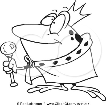 Royalty-Free (RF) Clip Art Illustration of a Cartoon Black And White Outline Design Of A King Frog by toonaday