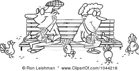 Royalty-Free (RF) Clip Art Illustration of a Cartoon Black And White Outline Design Of A Senior Couple Feeding Birds by toonaday