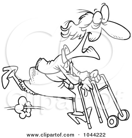 Royalty-Free (RF) Clip Art Illustration of a Cartoon Black And White Outline Design Of A Feisty Granny Running With A Walker by toonaday