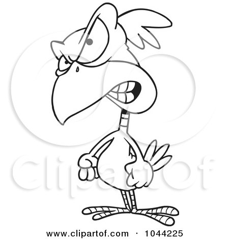 Royalty-Free (RF) Clip Art Illustration of a Cartoon Black And White Outline Design Of A Feisty Bird by toonaday
