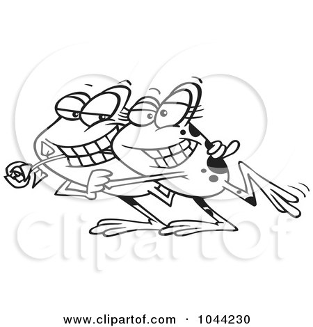 Royalty-Free (RF) Clip Art Illustration of a Cartoon Black And White Outline Design Of A Frog Couple Dancing by toonaday