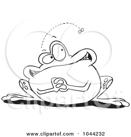 Royalty-Free (RF) Clip Art Illustration of a Cartoon Black And White Outline Design Of A Frog Waiting For A Fly by toonaday