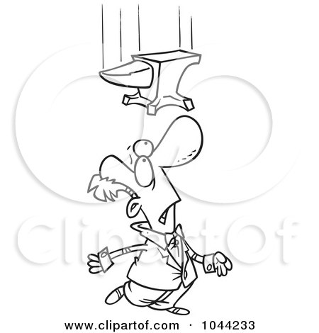 Royalty-Free (RF) Clip Art Illustration of a Cartoon Black And White Outline Design Of A Man Looking Up At A Falling Anvil by toonaday